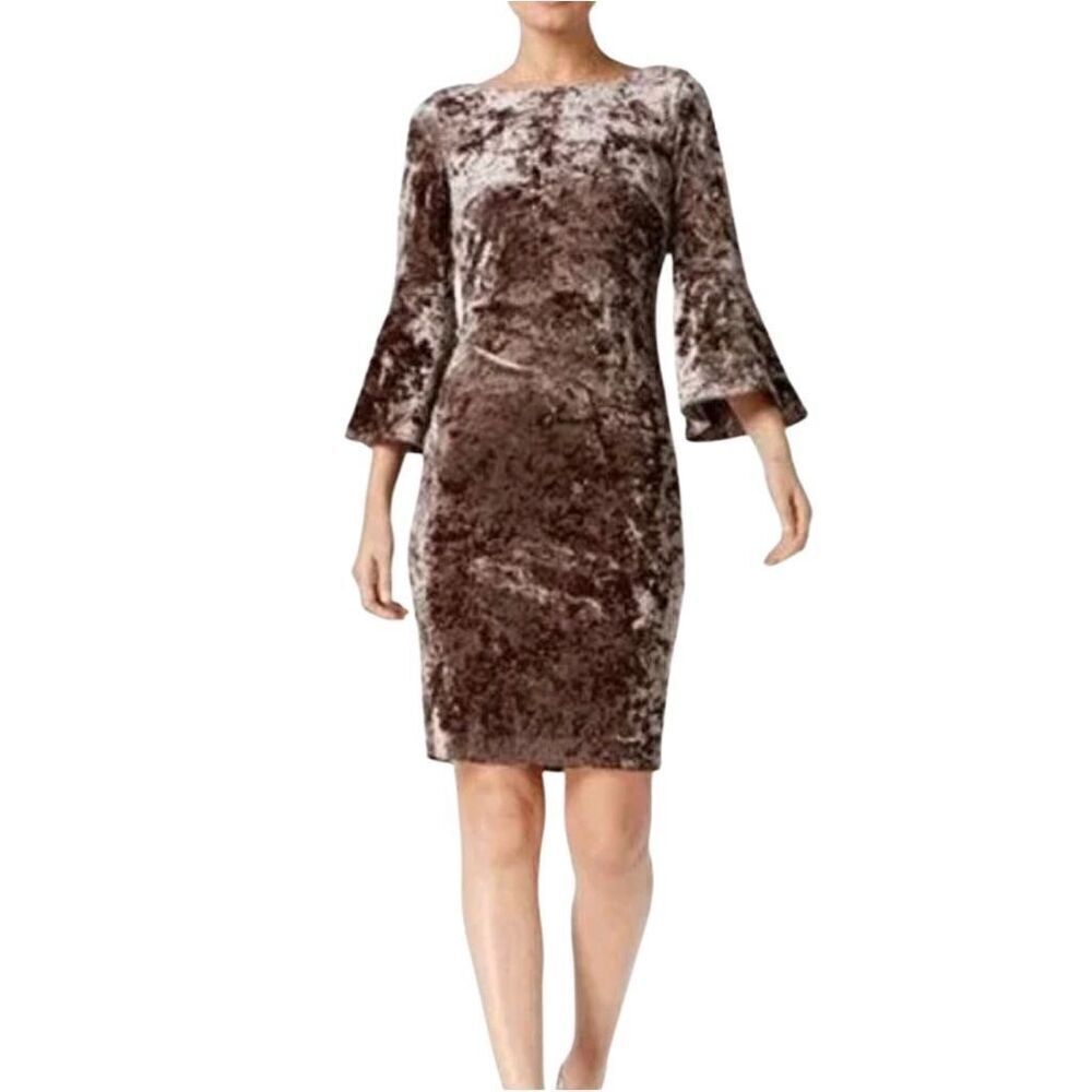 Calvin Klein NWT taupe brown crushed velvet bell sleeve sheath dress size 2